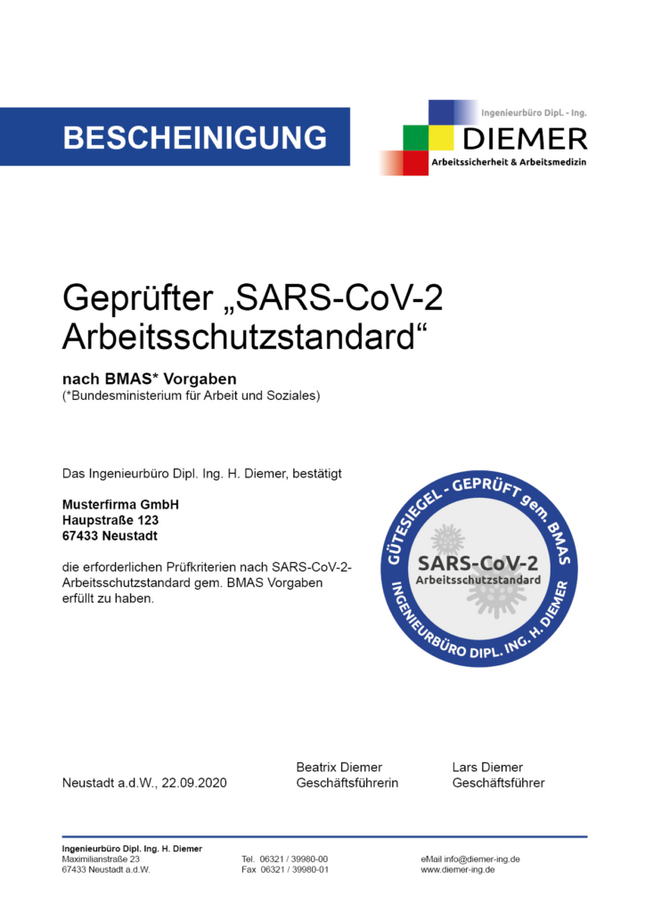 Gütesiegel geprüfter SARS-CoV-2 Arbeitsschutzstandard