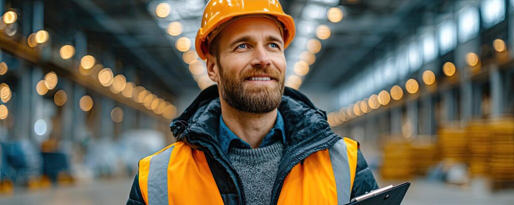 Sicherheitsbegehung mit Helm, Warnweste und Klemmbrett im Betrieb